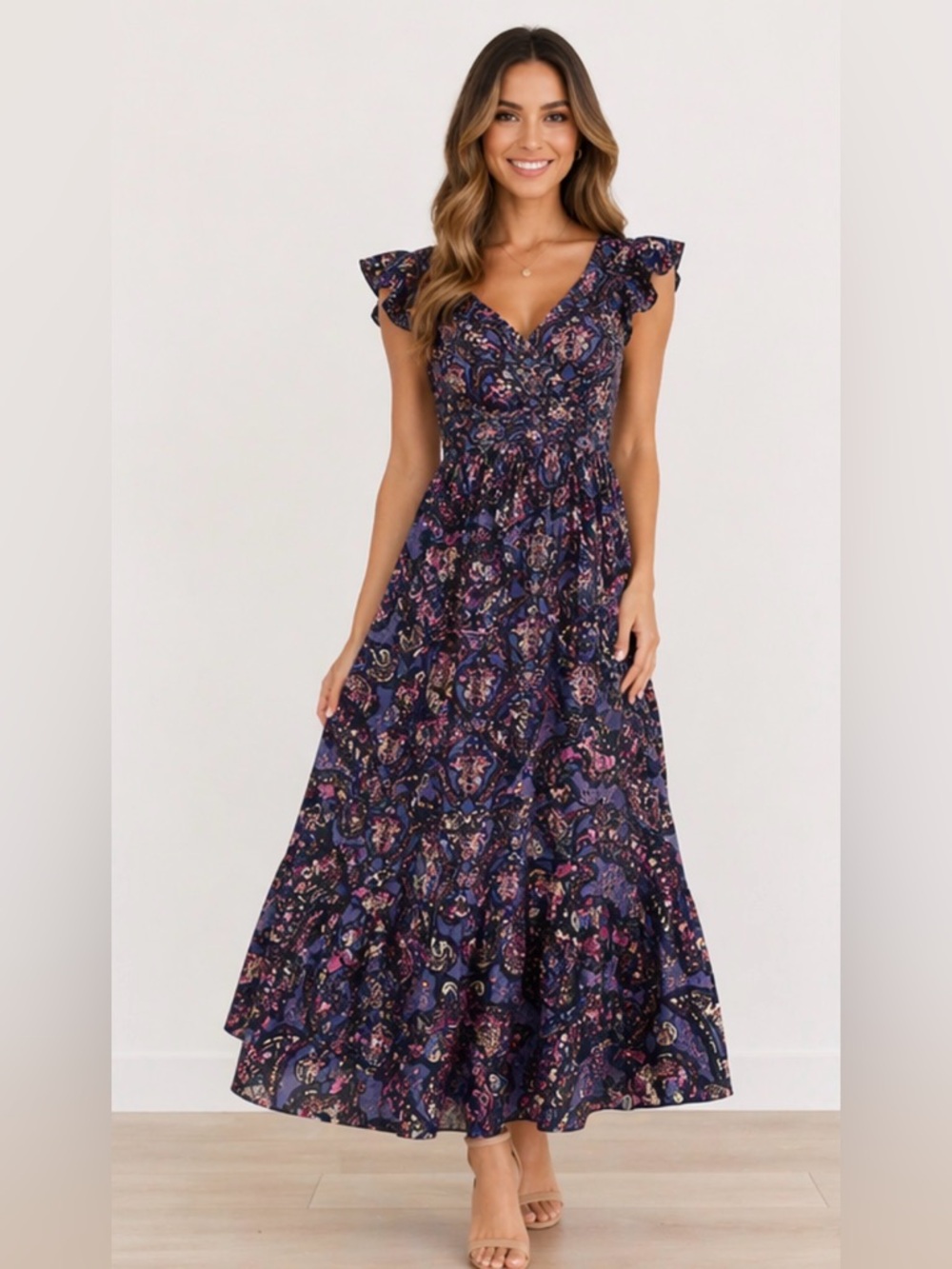 Caroline Constas Navy Pansy Print Maxi Dress Ruffle Strap Cotton S NWT - Picture 2 of 16